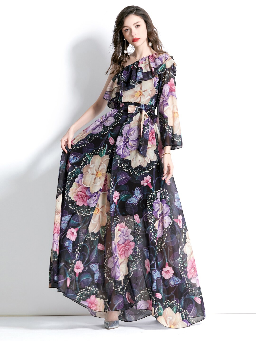 

JC Collection Floral Printed One-Shoulder Ruffles Fit & Flare Maxi Dress, Black