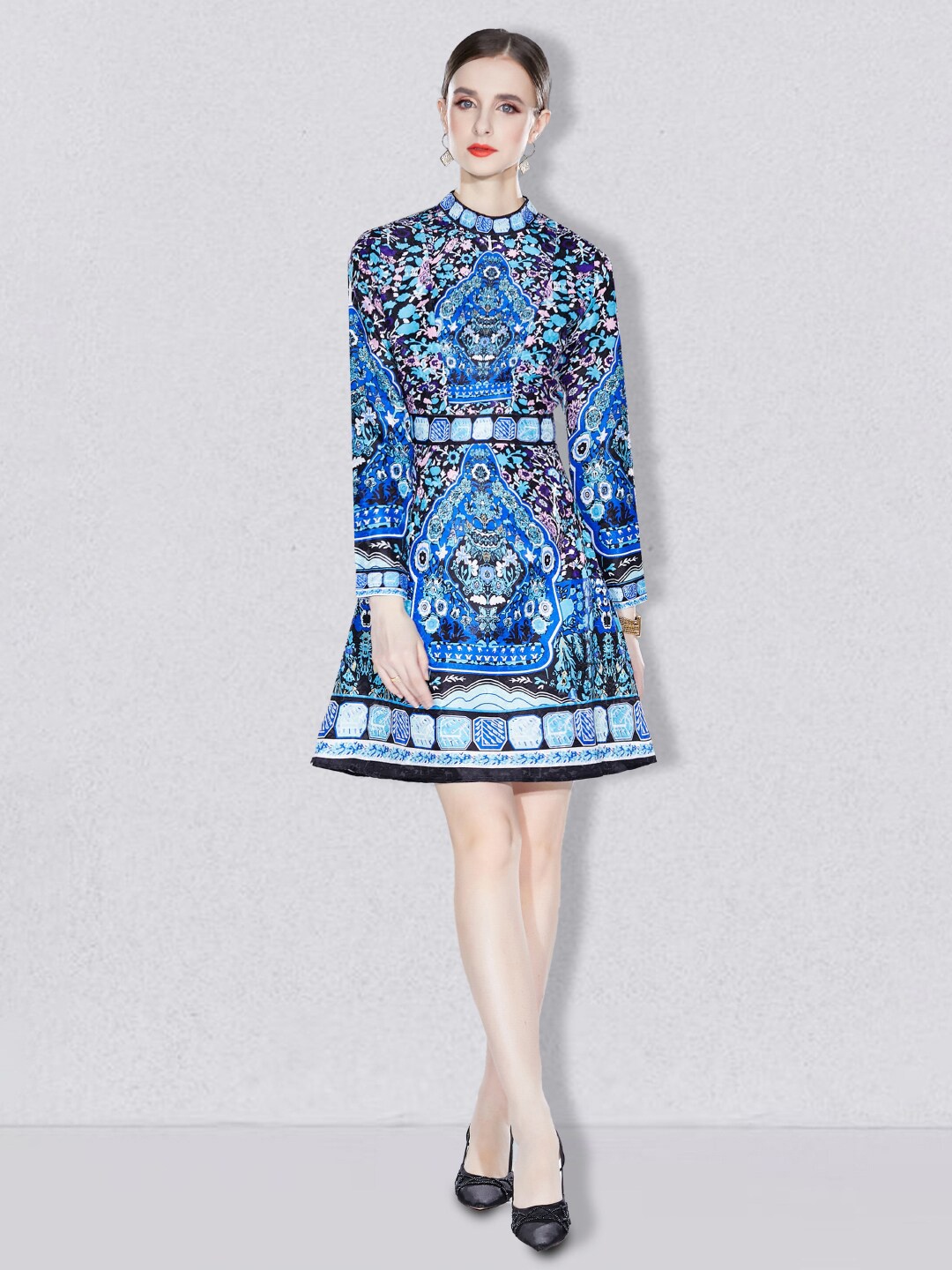 

JC Collection Floral Printed High Neck A-Line Dress, Blue