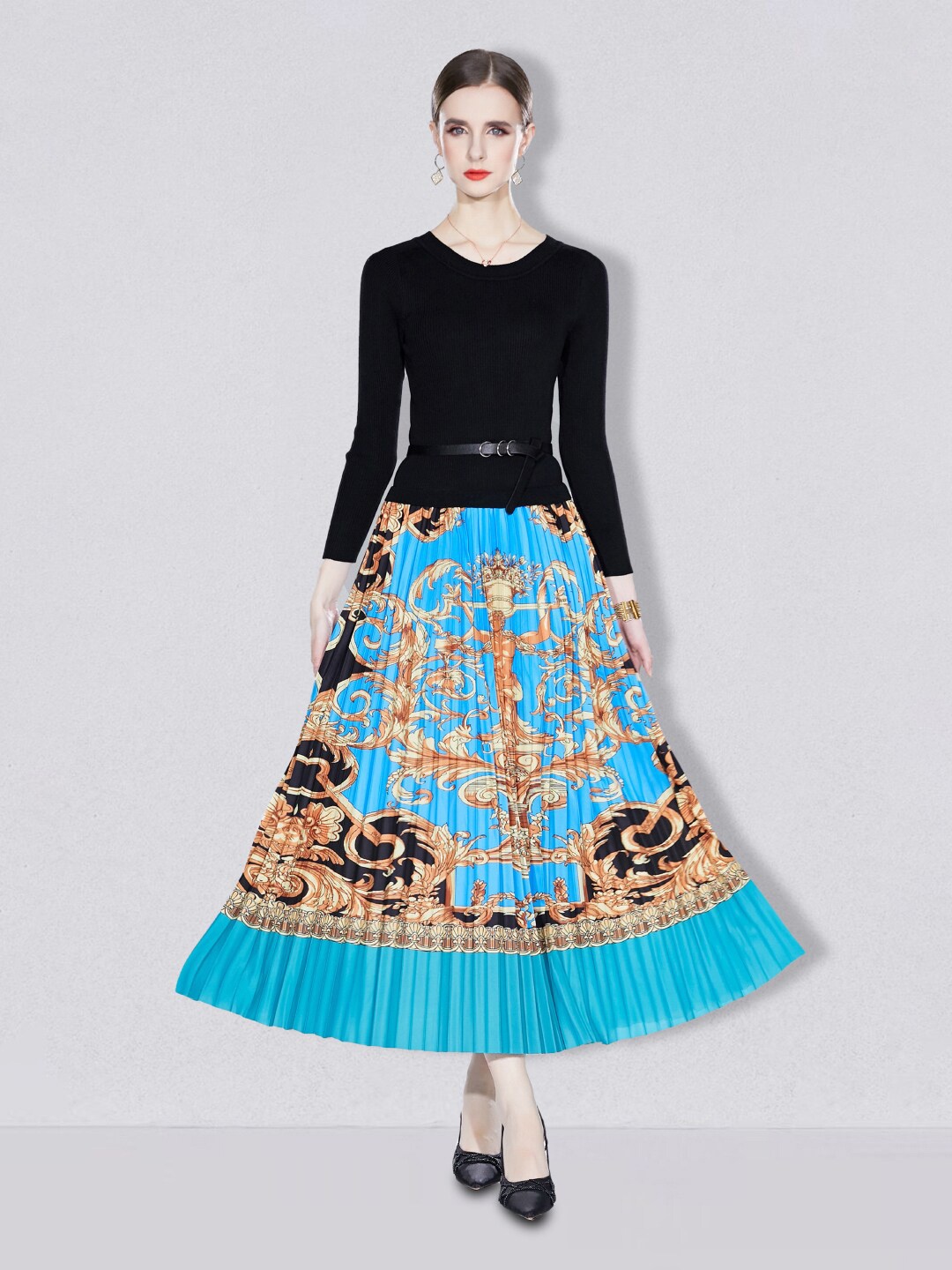 

JC Collection Round Neck Top With Printed Skirt, Blue