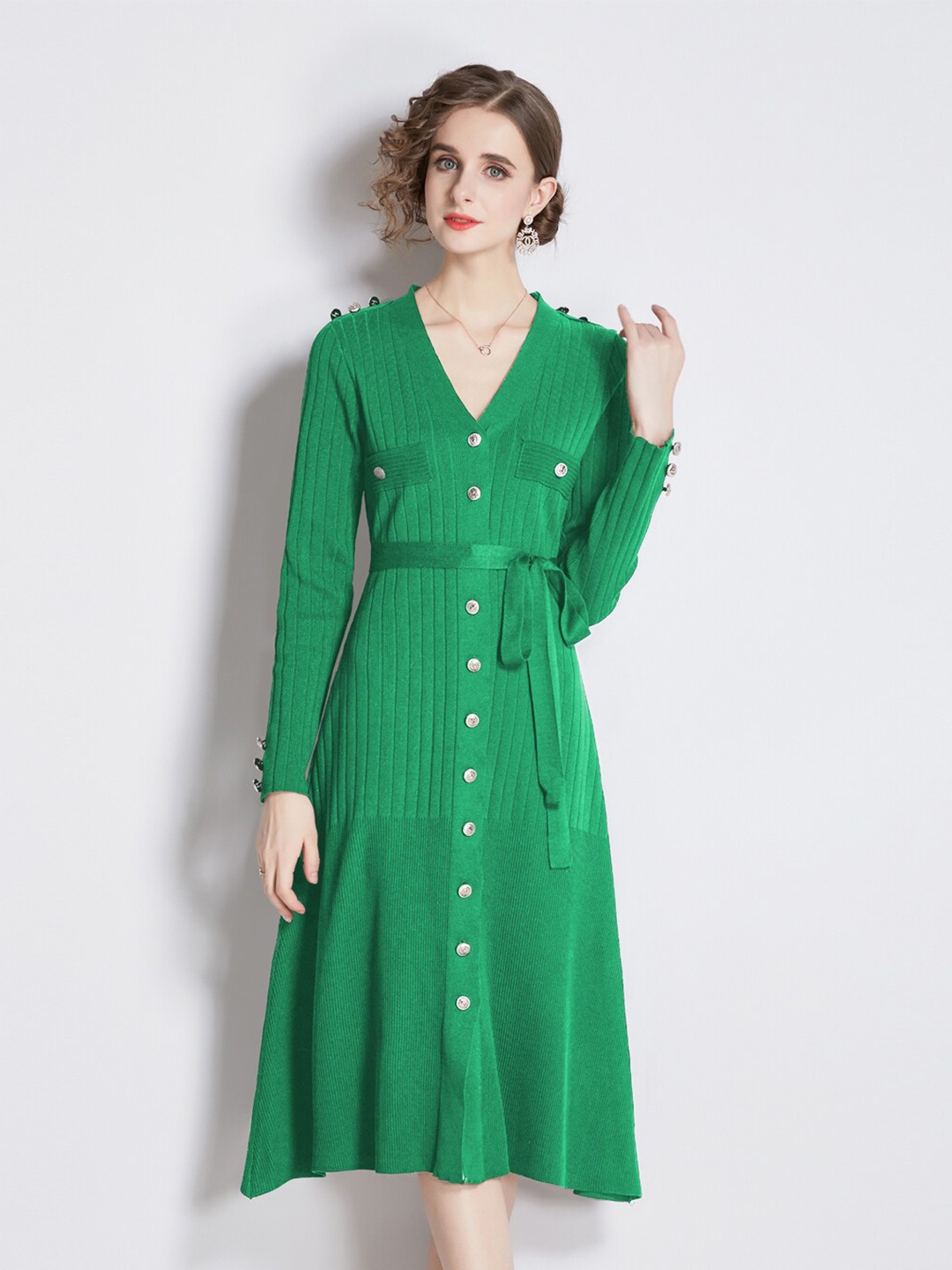 

JC Collection Self Design Shirt Midi Dress, Green