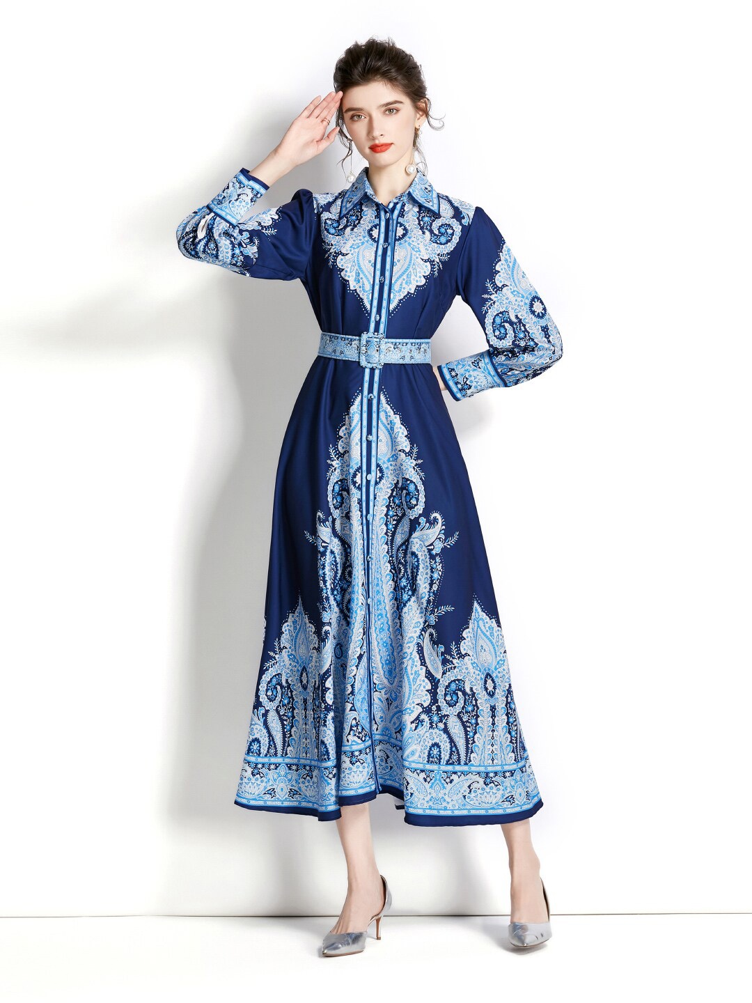 

JC Collection Ethnic Motifs Printed Shirt Maxi Dress, Navy blue