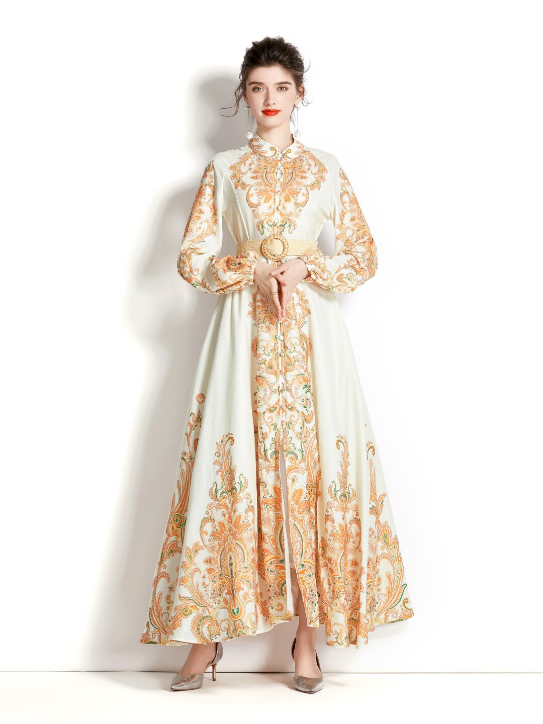 

JC Collection Mandarin Collar Ethnic Motifs Printed Maxi Dress, Cream