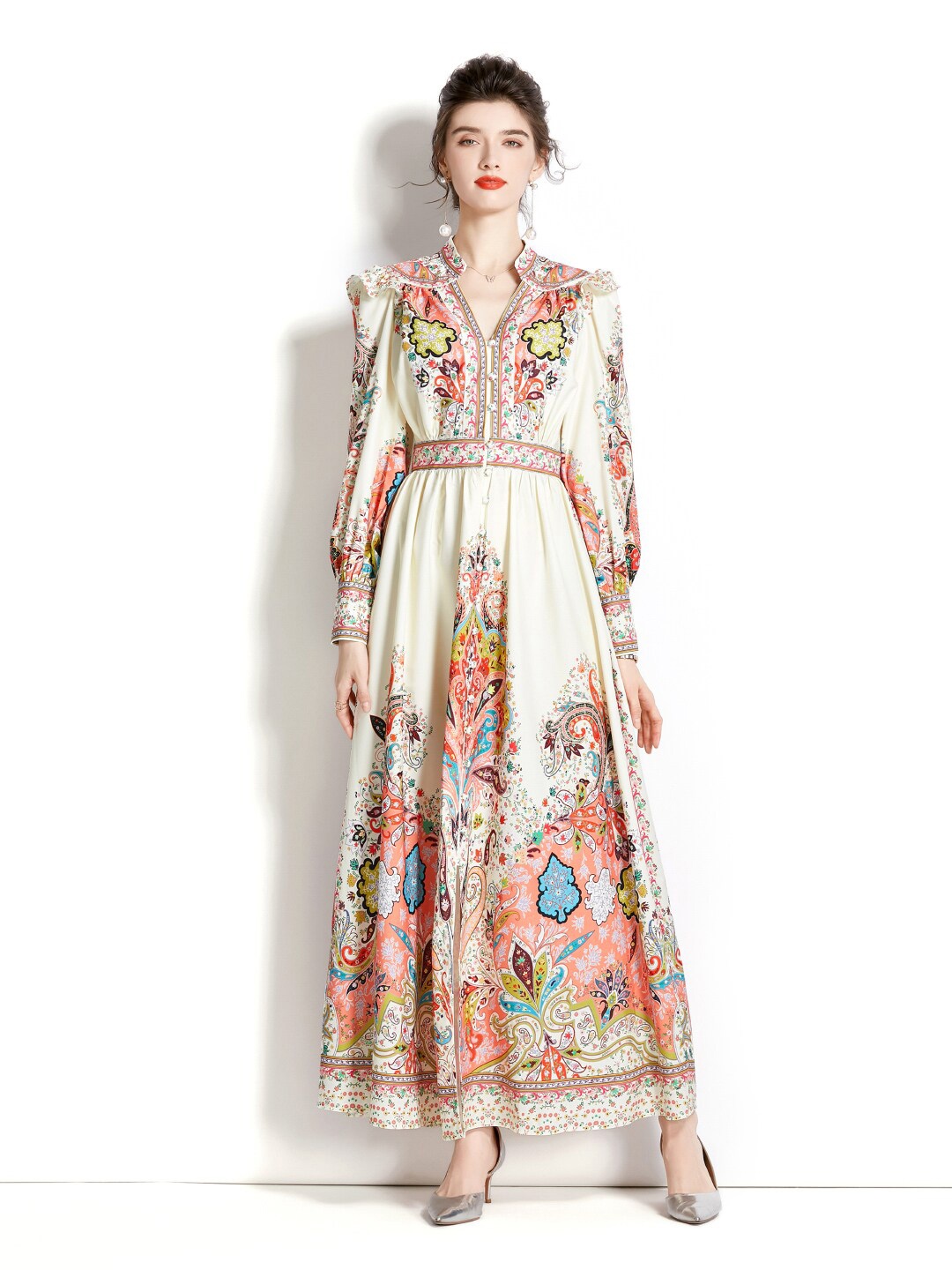 

JC Collection Mandarin Collar Floral Printed Maxi Dress, Cream