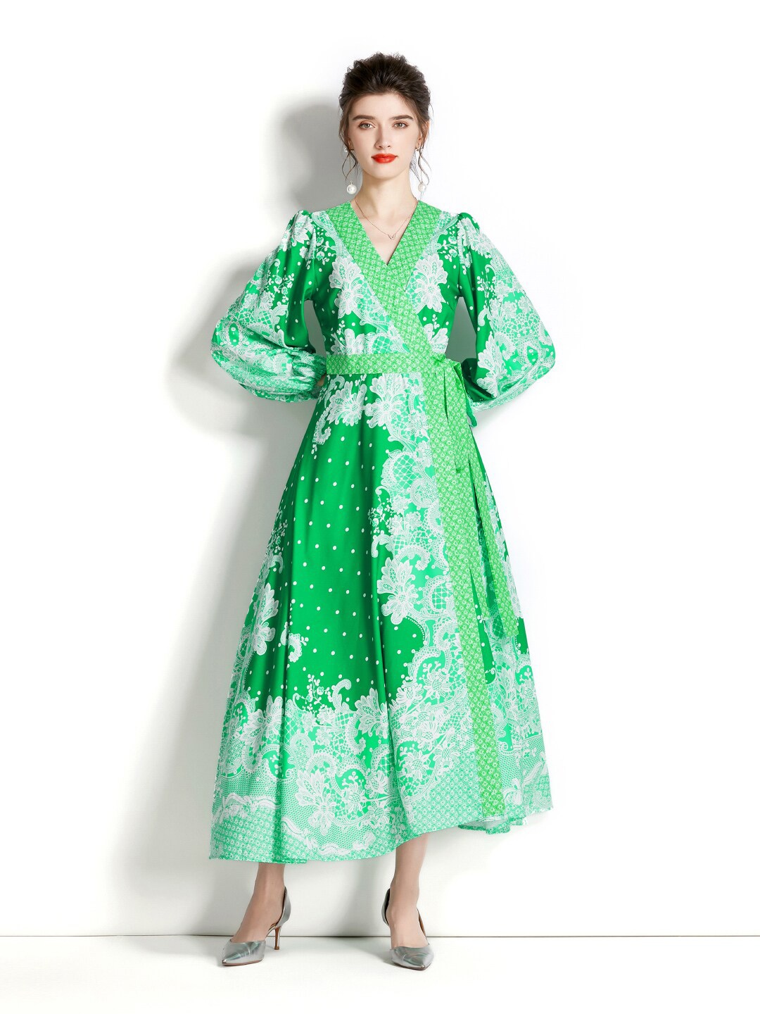 

JC Collection V-Neck Floral Printed Wrap Midi Dress, Green