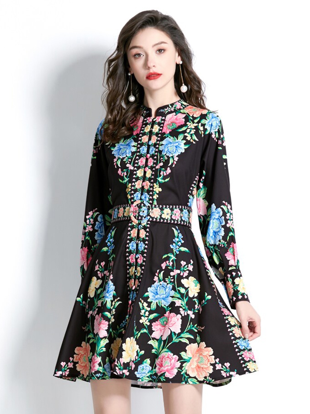 

JC Collection Floral Printed Mandarin Collar Fit & Flare Mini Dress, Black