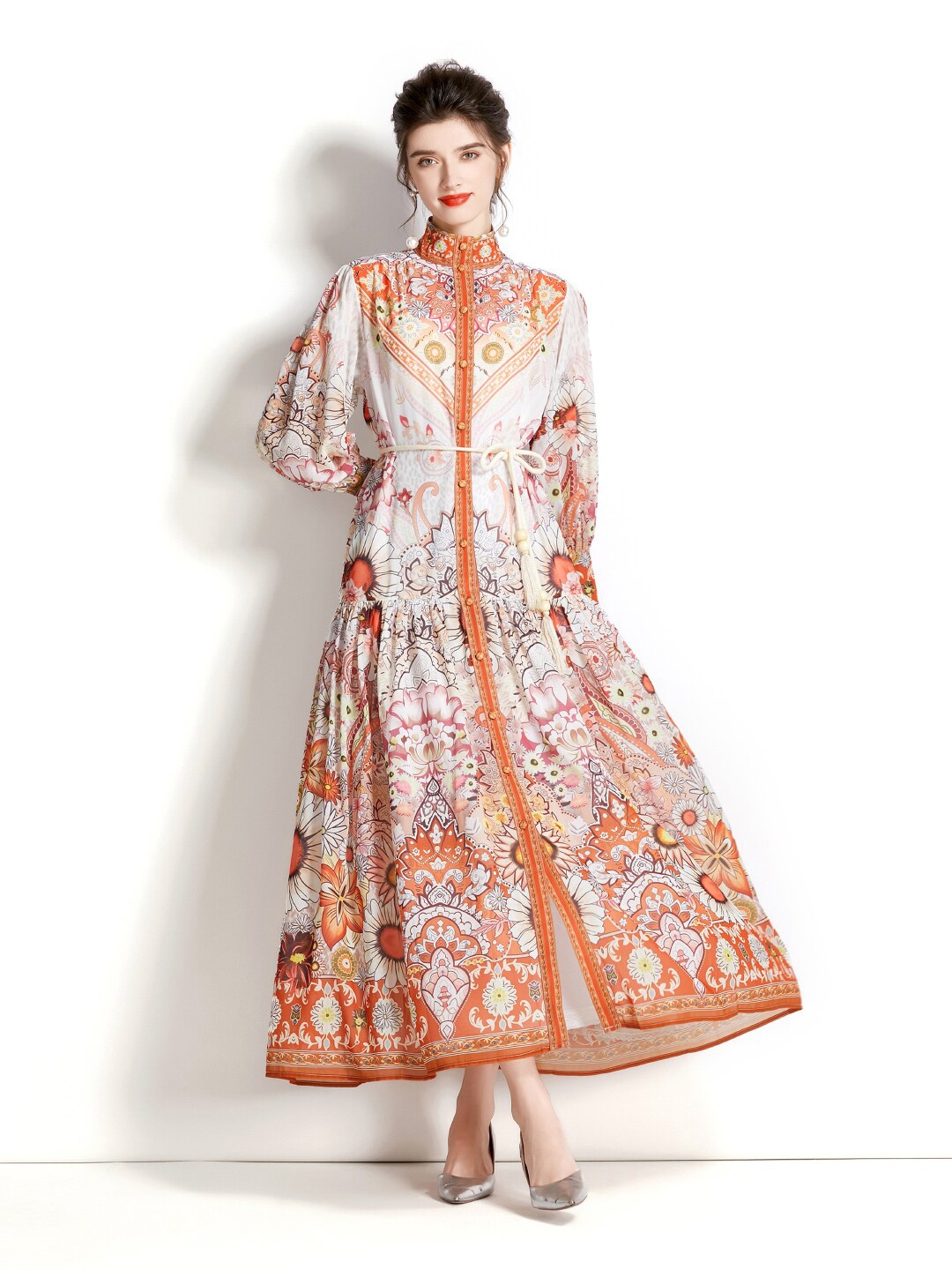 

JC Collection Floral Printed High Neck Maxi Dress, Cream