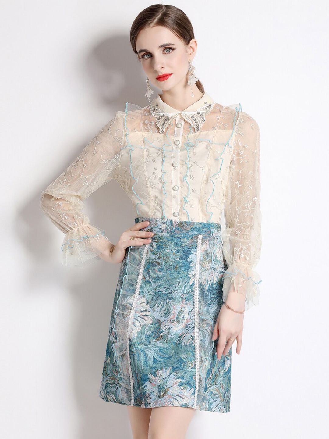 

JC Collection Shirt Collar Floral Printed Sequinned A-Line Dress, Blue