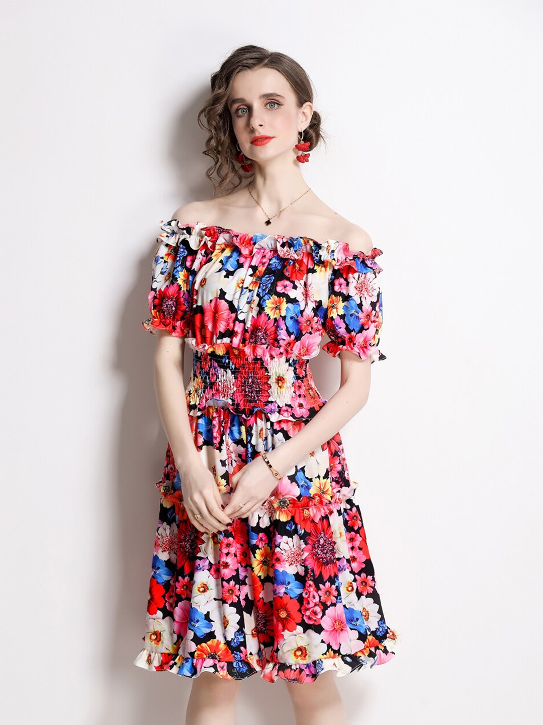 

JC Collection Floral Printed Smocked Off-Shoulder A-Line Dress, Black