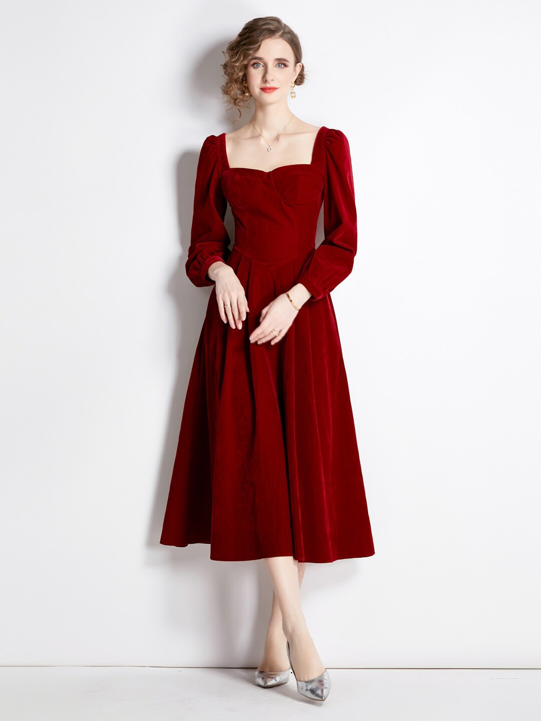 

JC Collection Sweetheart Neck Puff Sleeves A-Line Midi Dress, Maroon