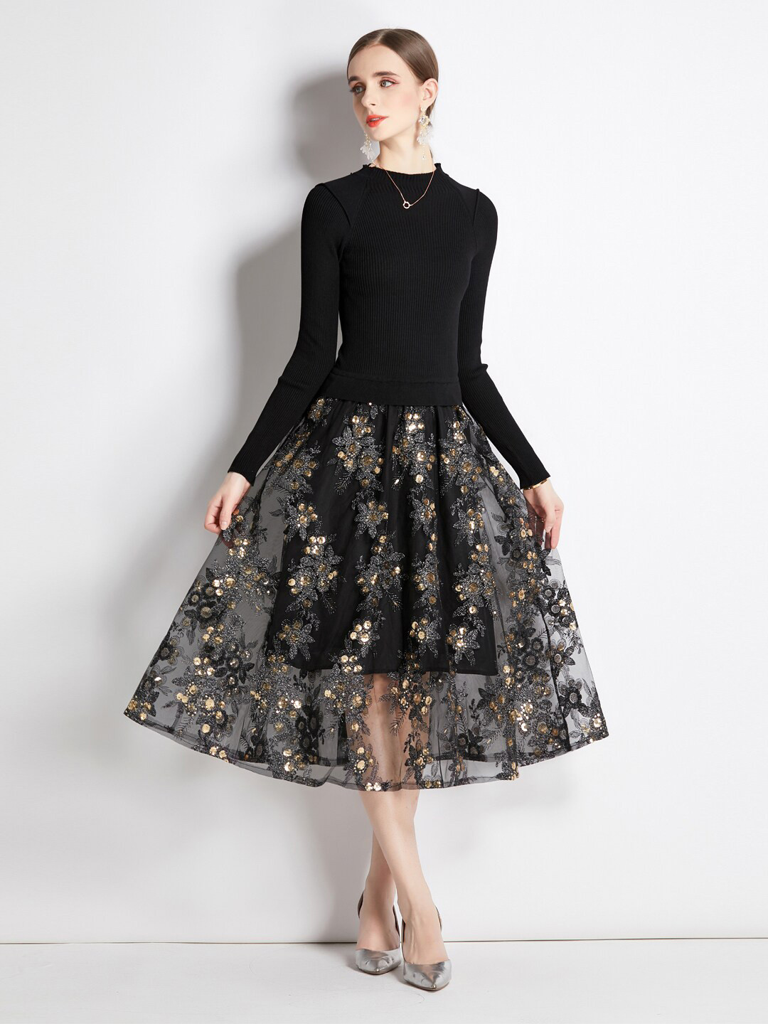 

JC Collection Round Neck Floral Embroidered Midi Dress, Black