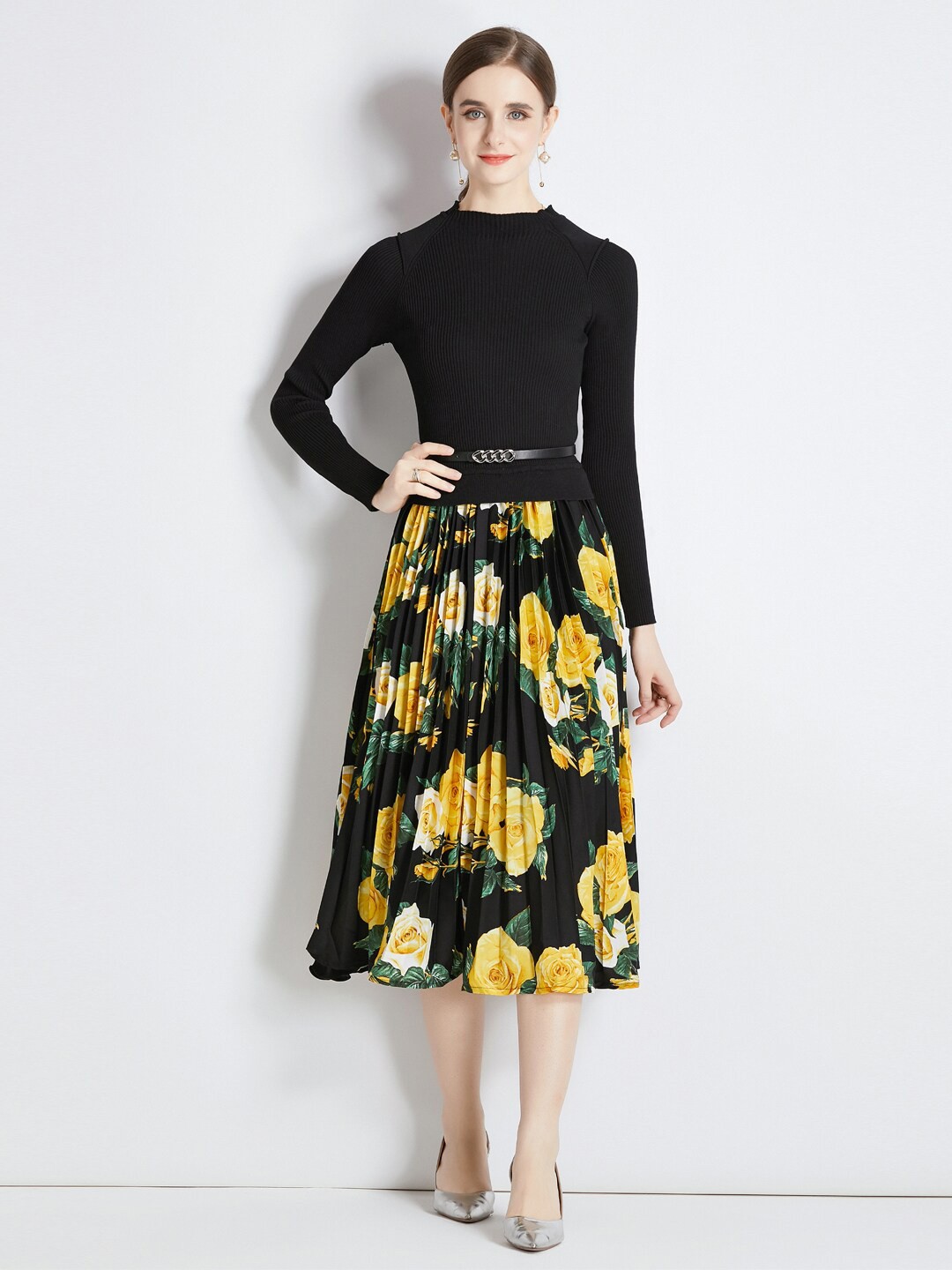 

JC Collection Round Neck Floral Printed Midi Dress, Black
