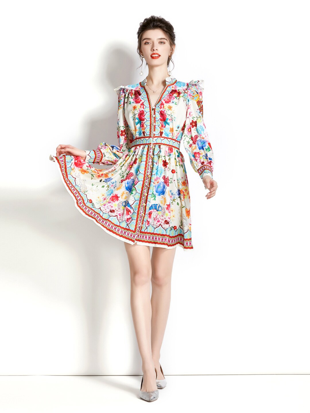 

JC Collection Mandarin Collar Floral Printed A-Line Dress, White