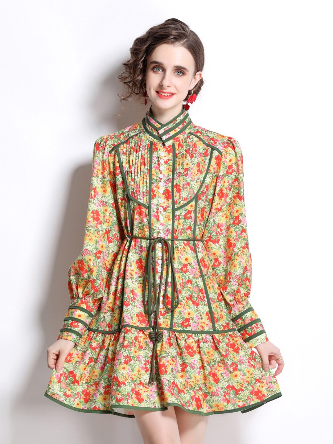 

JC Collection Floral Printed Mandarin Collar Dress, Beige