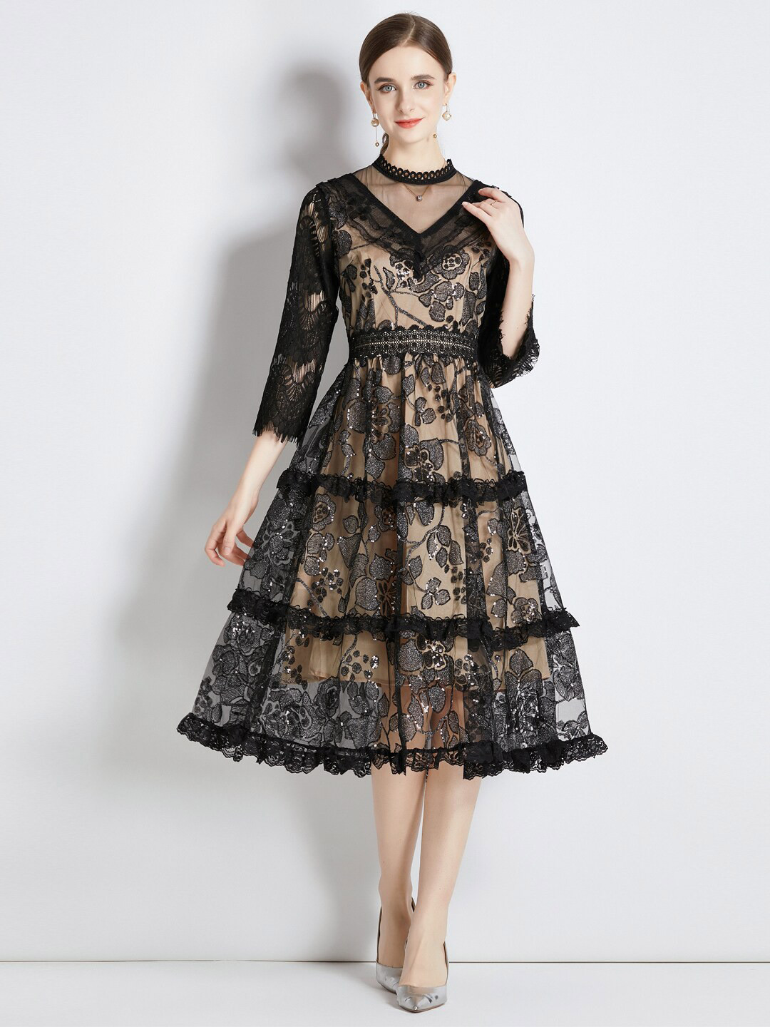 

JC Collection Floral Embroidered A-Line Midi Dress, Black
