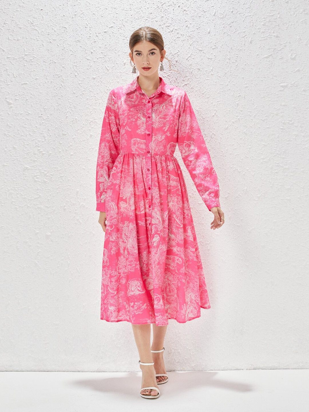 

JC Collection Floral Printed Long Sleeve Gathered Fit And Flare Midi Dress, Pink