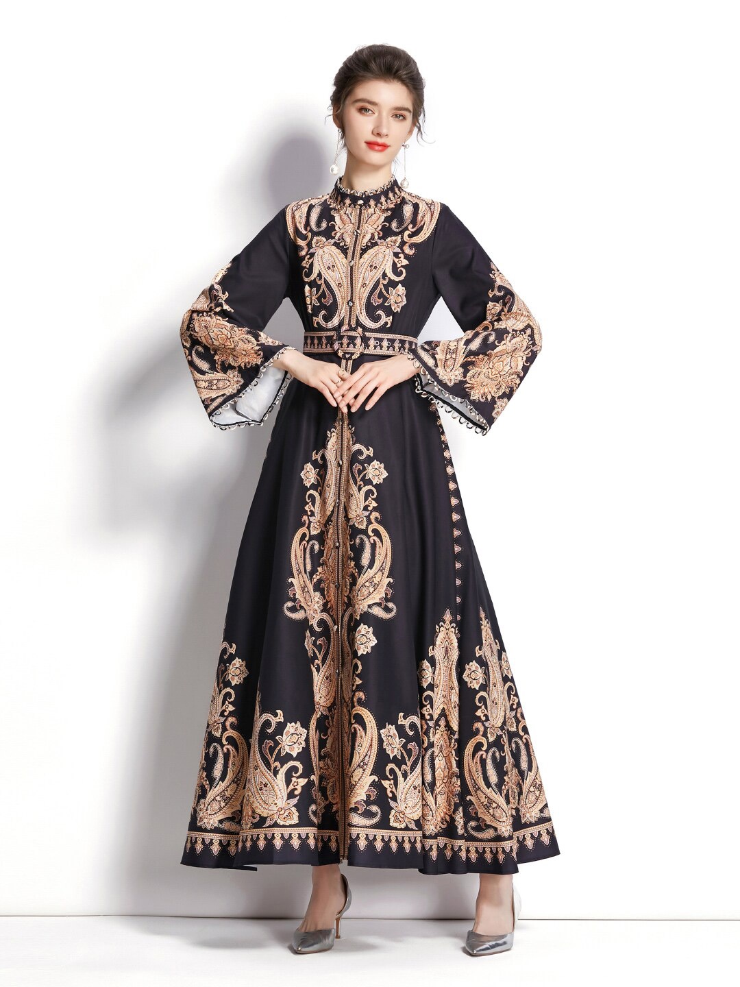 

JC Collection Paisley Printed Bell Sleeve Belted Fit & Flare Maxi Dress, Black