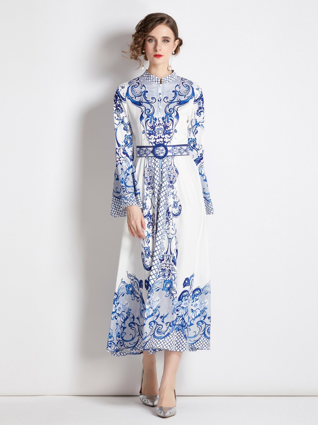 

JC Collection Abstract High Neck Belted Fit & Flare Maxi Dress, Blue