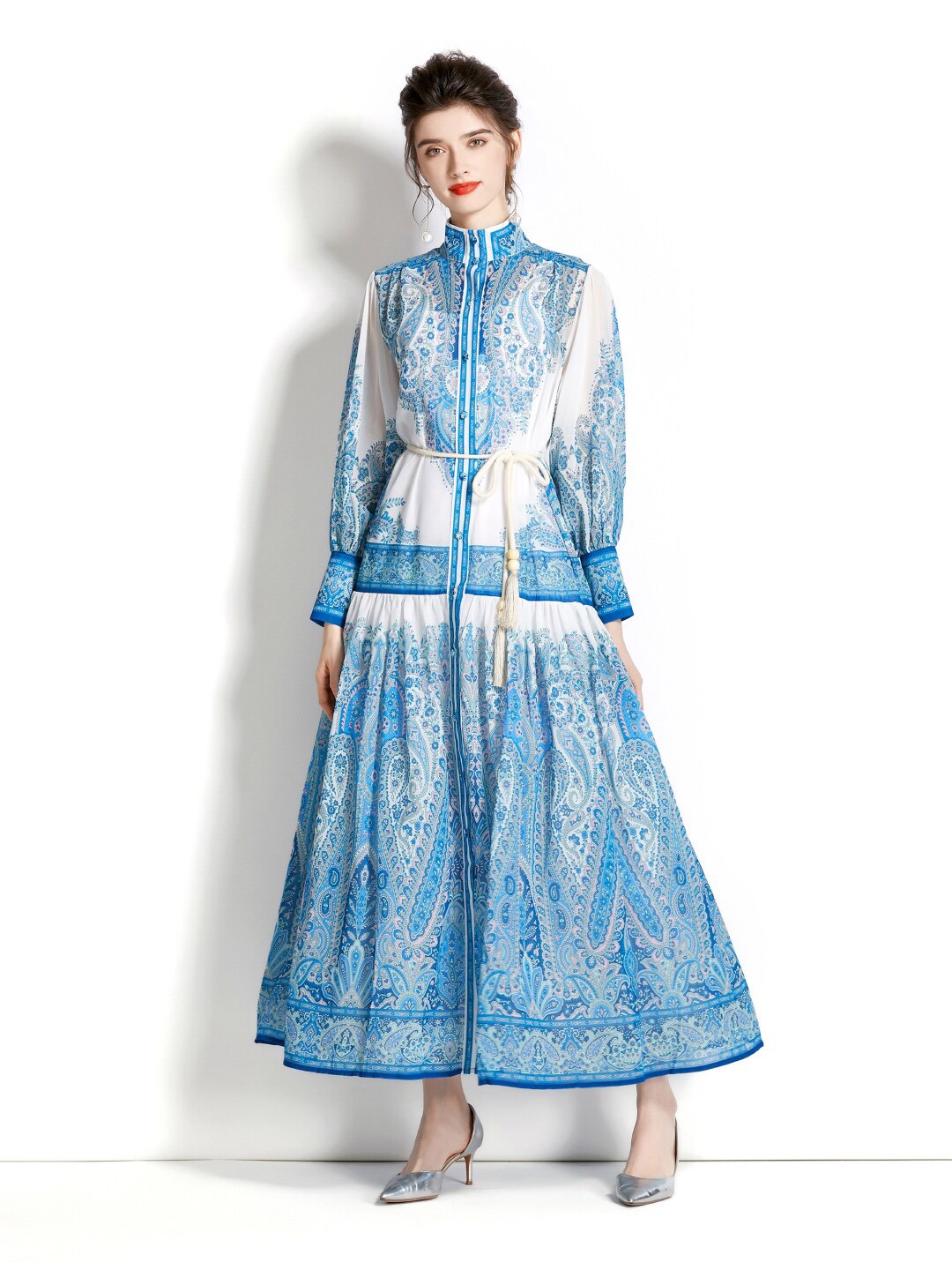 

JC Collection Paisley Printed High Neck Flounce A-Line Maxi Dress, Blue