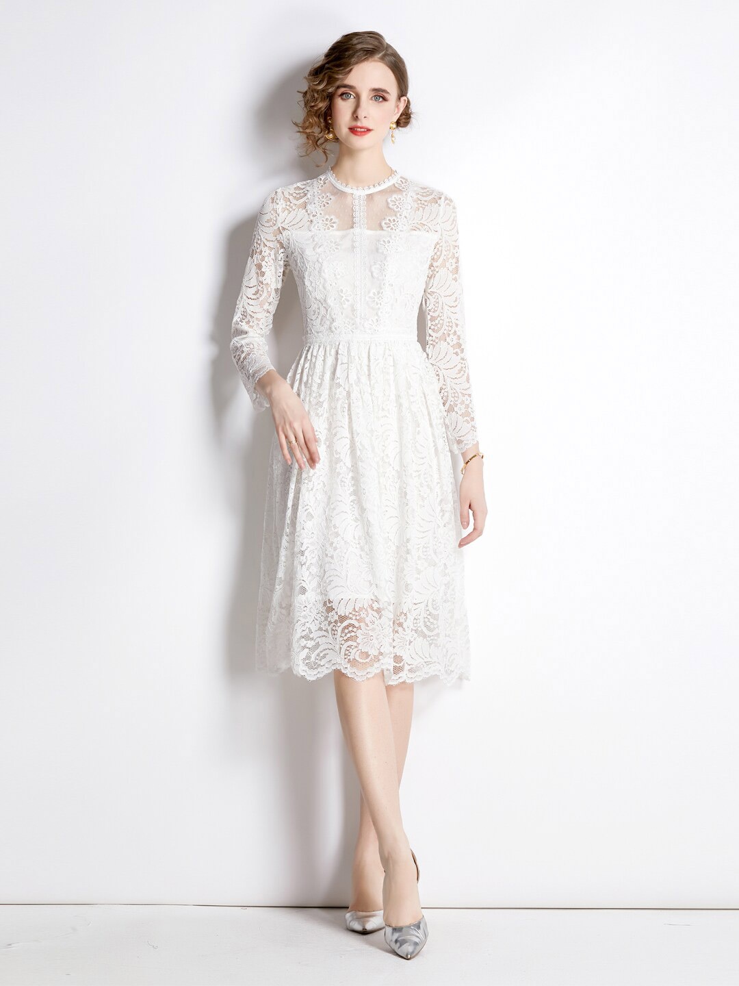 

JC Collection Floral Overlay Lace Long Sleeve Fit & Flare Midi Dress, White