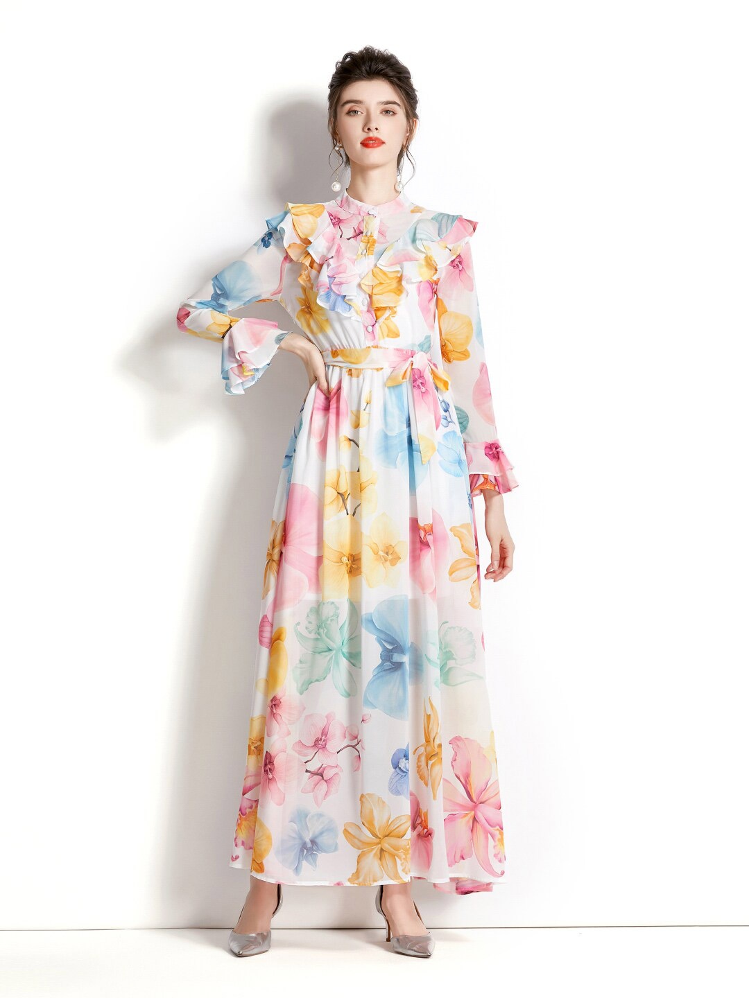 

JC Collection Floral Ruffled Mandarin Collar A-Line Maxi Dress, Off white