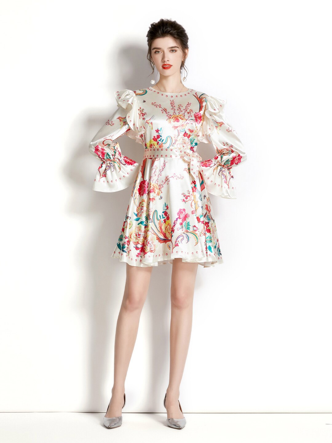 

JC Collection Floral Belted Ruffled Bell Sleeve A-Line Mini Dress, Off white