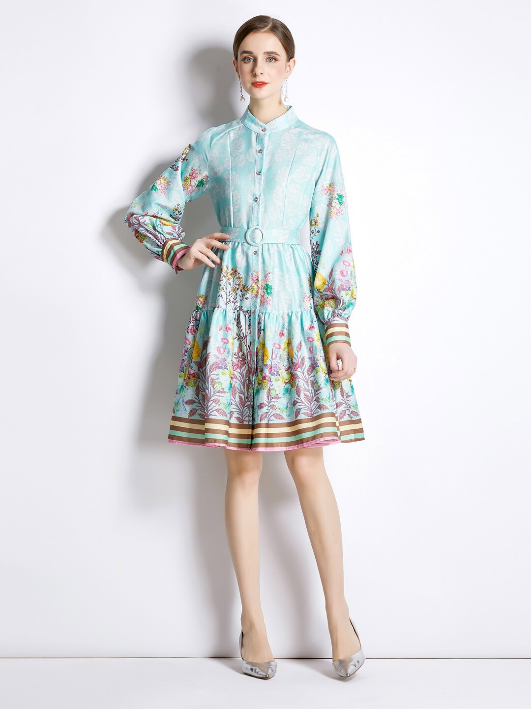 

JC Collection Mandarin Collar Floral Printed A-Line Dress, Turquoise blue