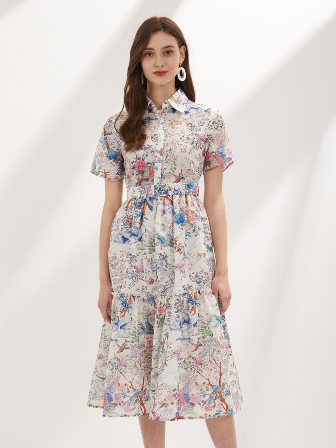 

JC Collection Floral Printed Shirt Midi Dress, Off white