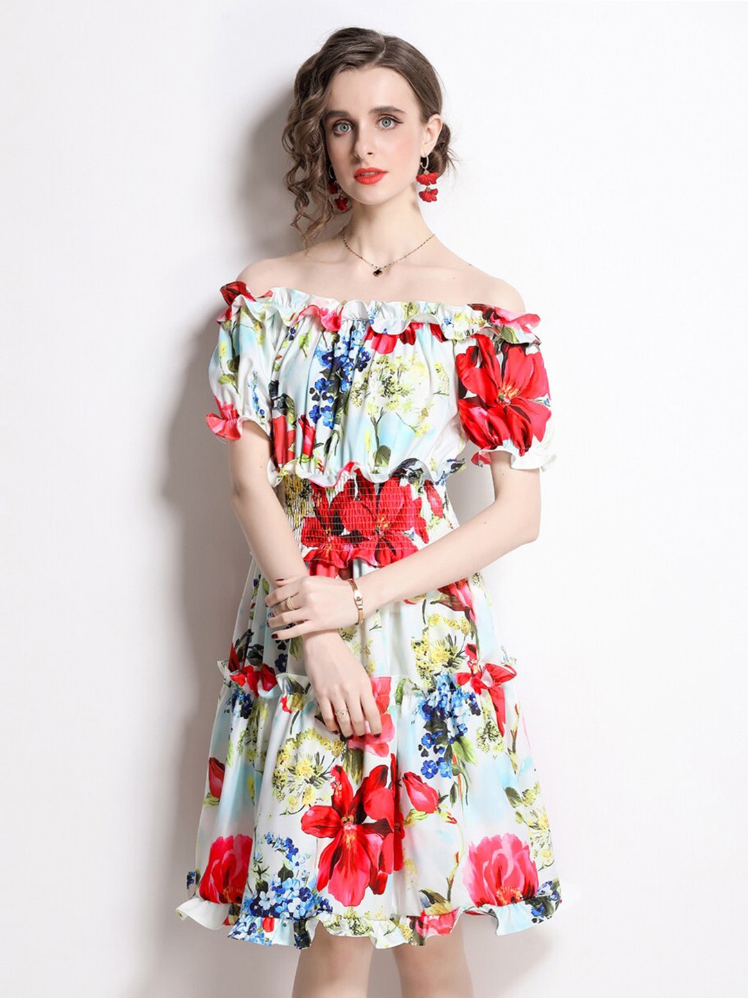 

JC Collection Floral Printed Tiered Off-Shoulder Dress, Yellow