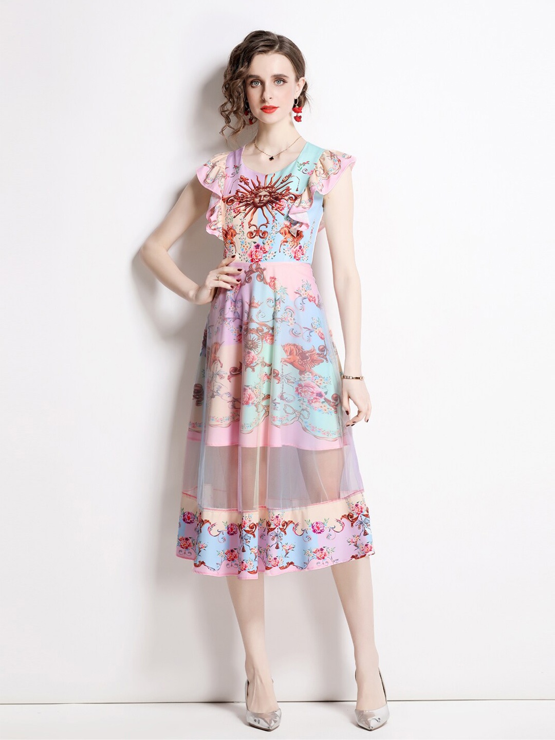 

JC Collection Floral Printed Flutter Sleeves Fit & Flare Midi Dress, Lavender