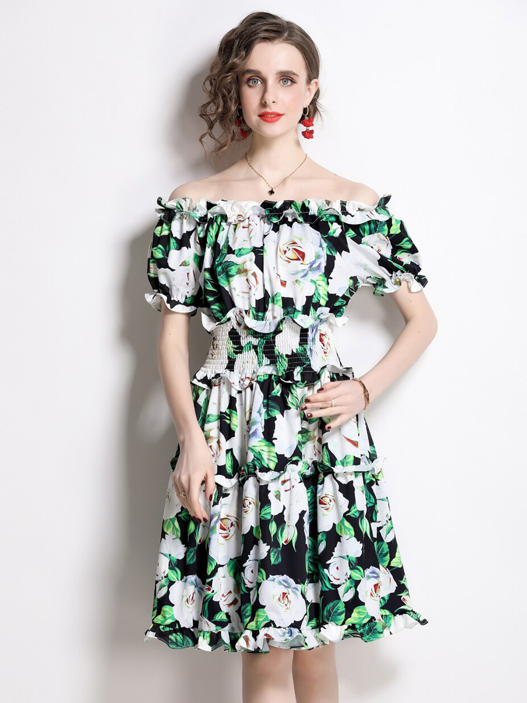 

JC Collection Floral Printed Smocked Off-Shoulder Fit & Flare Dress, Green
