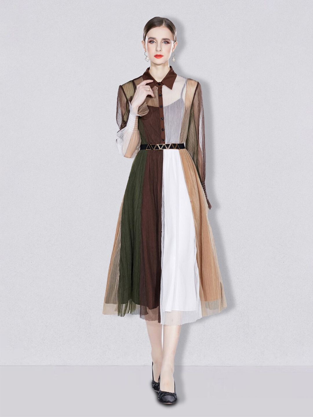 

JC Collection Colourblock Sheer Puff Sleeve Belted A-Line Midi Dress, Coffee brown