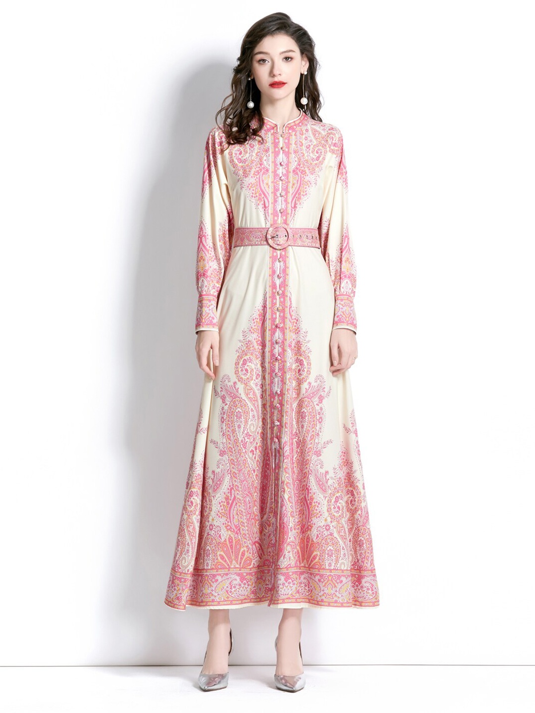 

JC Collection Mandarin Collar Ethnic Motifs Printed Maxi Dress, Pink