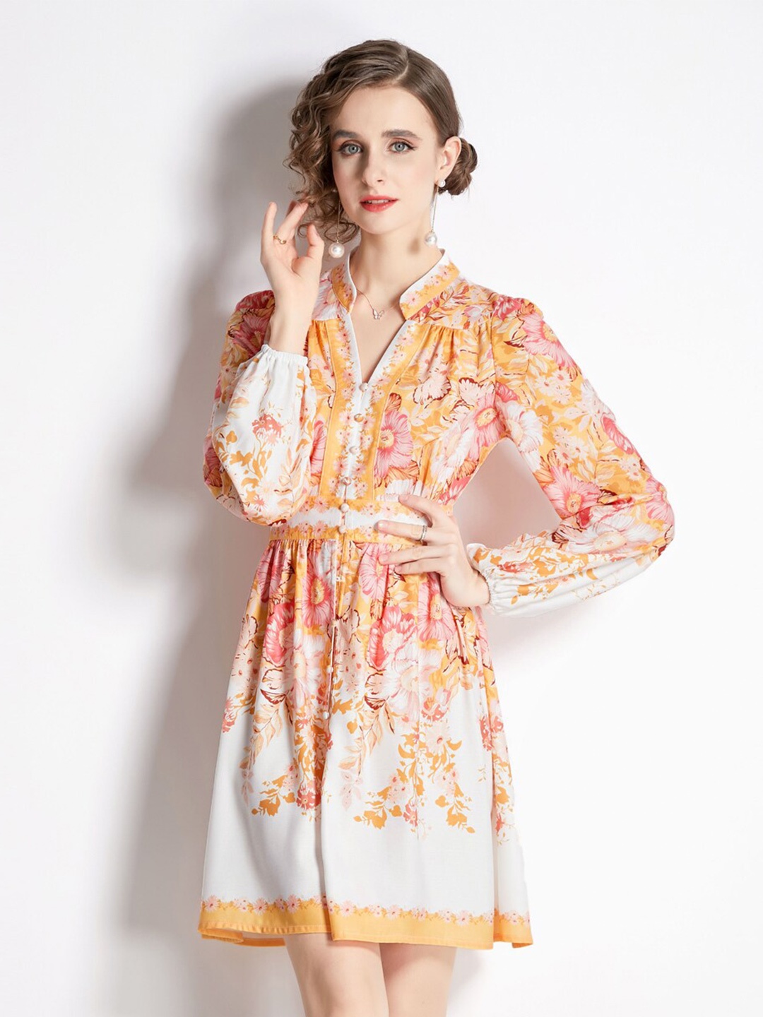 

JC Collection Mandarin Collar Floral Printed Dress, Yellow
