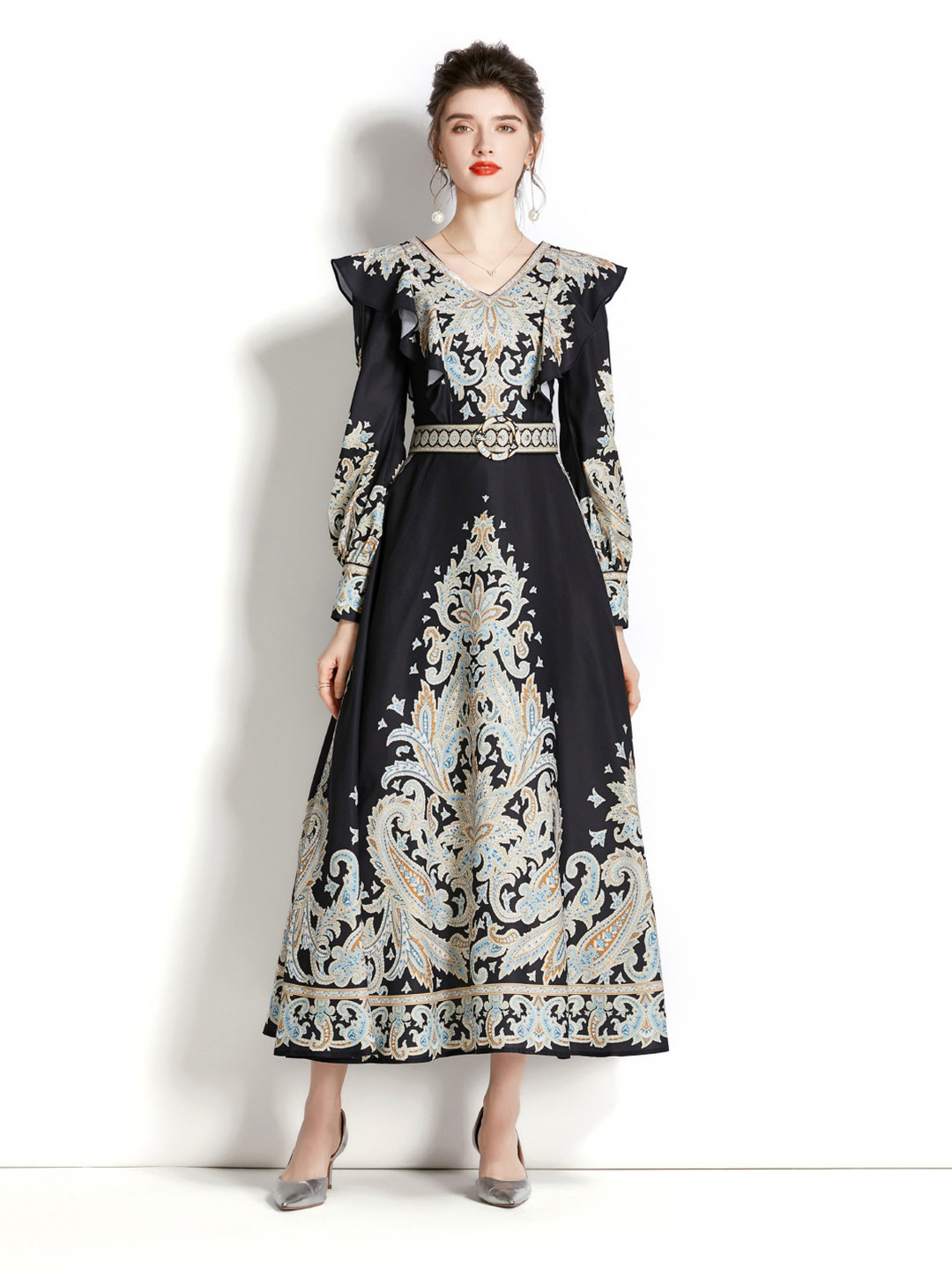 

JC Collection V-Neck Ethnic Motifs Printed Maxi Dress, Black