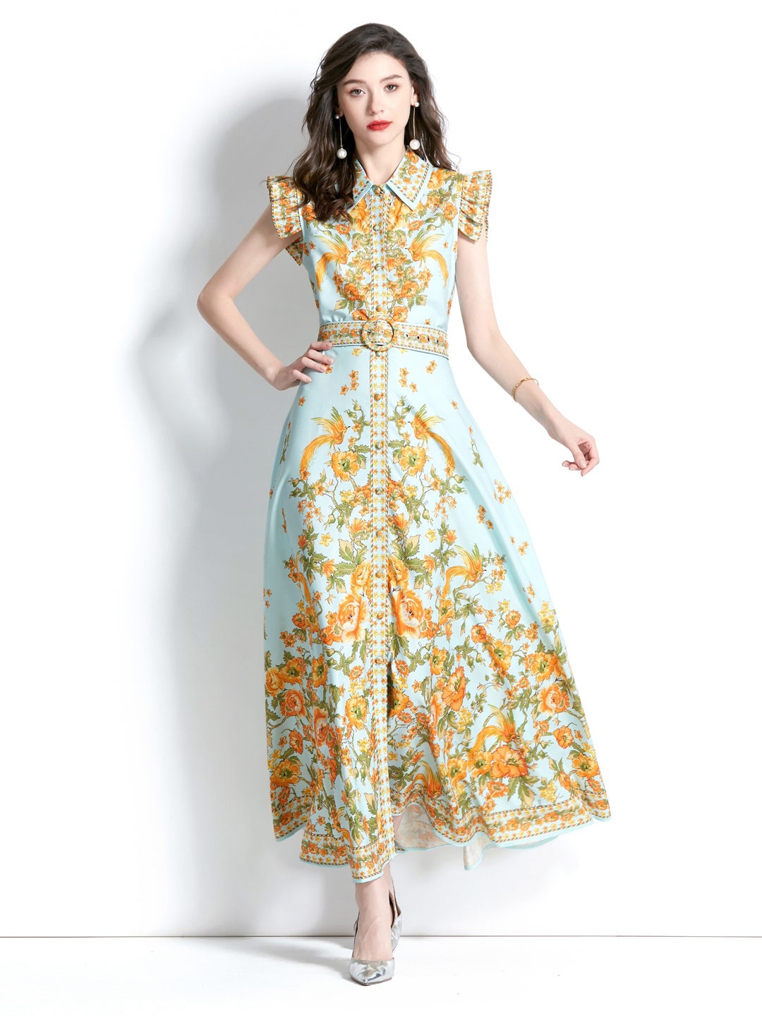 

JC Collection Floral Ruffle Sleeve Belted Maxi Dress, Blue