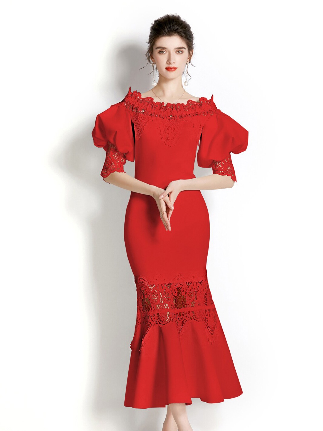 

JC Collection Off shoulder Puff Sleeves Maxi Dress, Red