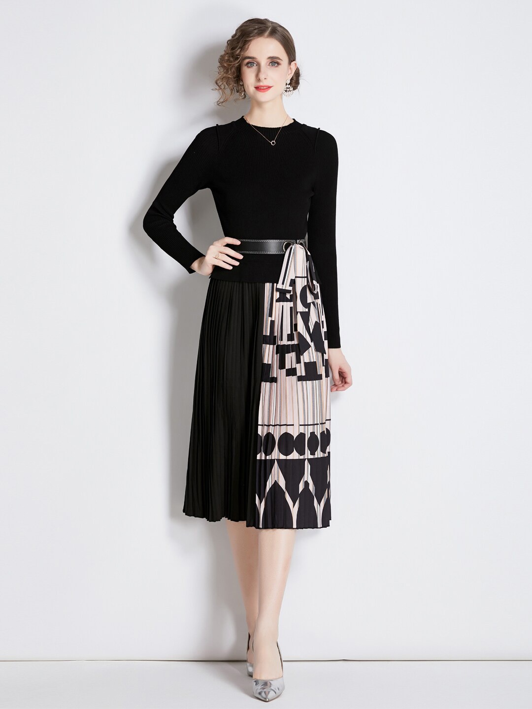 

JC Collection Round Neck Abstract Printed Fit and Flare Midi Dress, Black