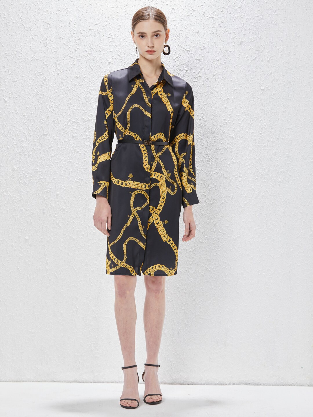 

JC Collection Cuffed Sleeves Graphic Printed Shirt Dress, Black