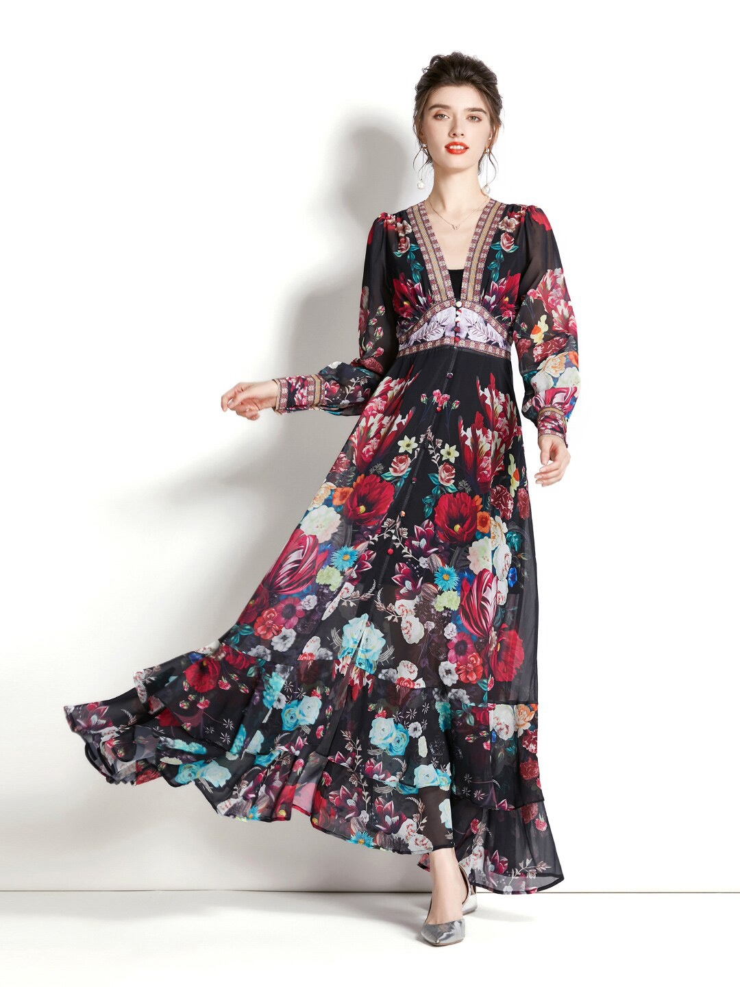 

JC Collection V-Neck Floral Printed Maxi Dress, Black