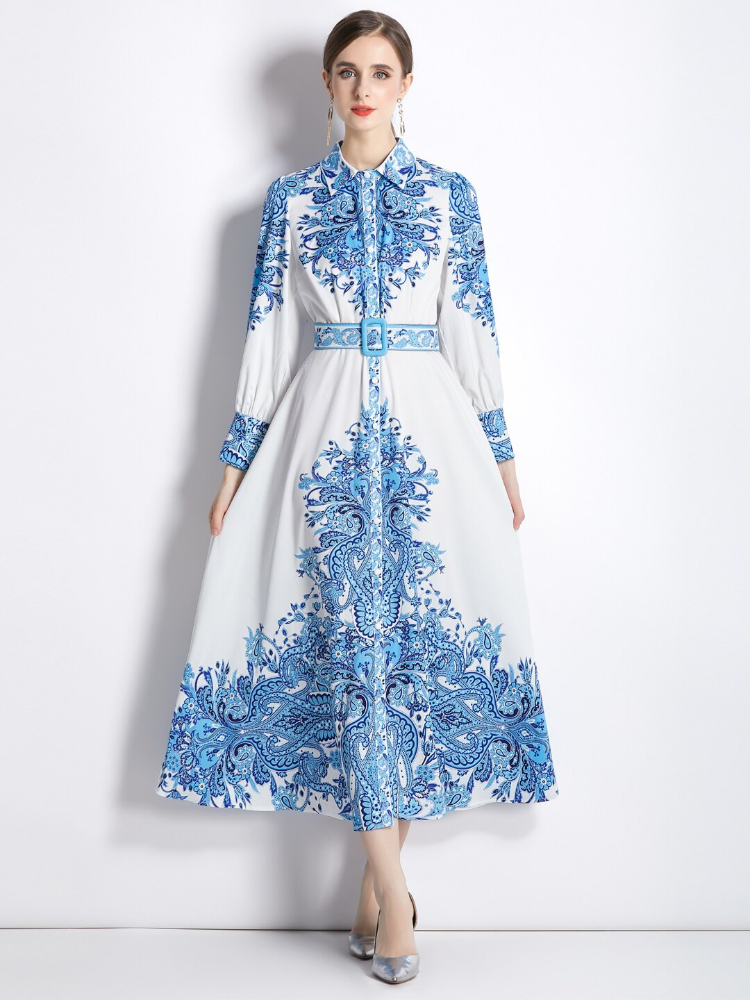 

JC Collection Mandarin Collar Ethnic Motifs Printed Maxi Dress, Blue