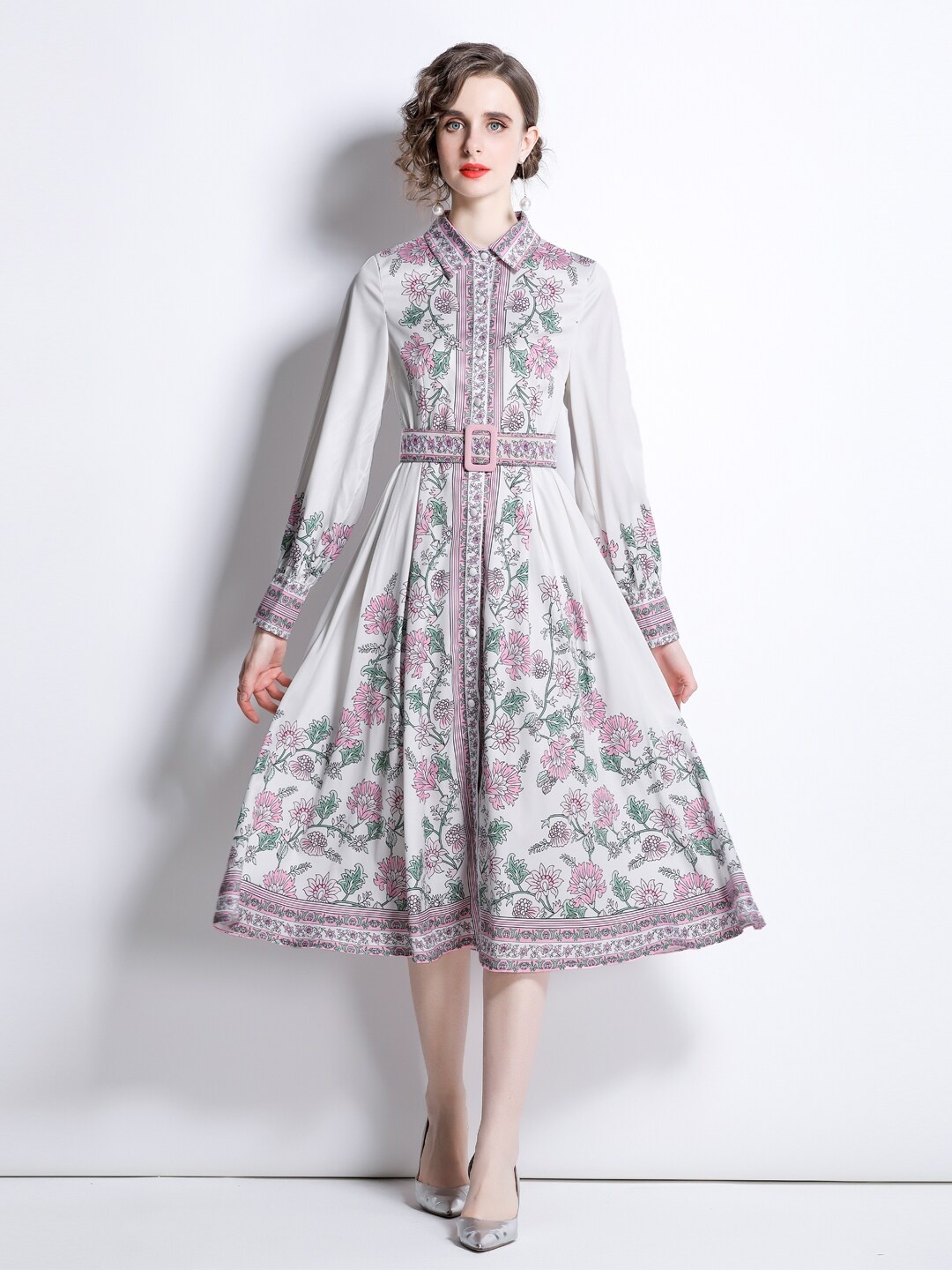 

JC Collection Shirt Collar Floral Printed Midi Fit and Flare Dress, Pink