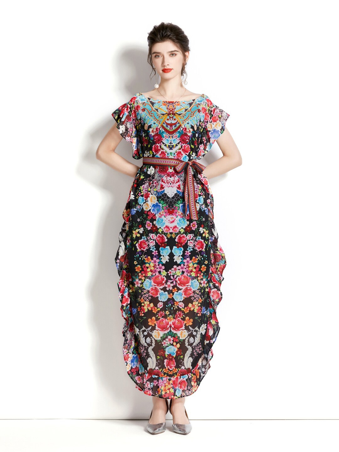

JC Collection Boat Neck Flutter Sleeves Floral Printed Maxi Dress, Black