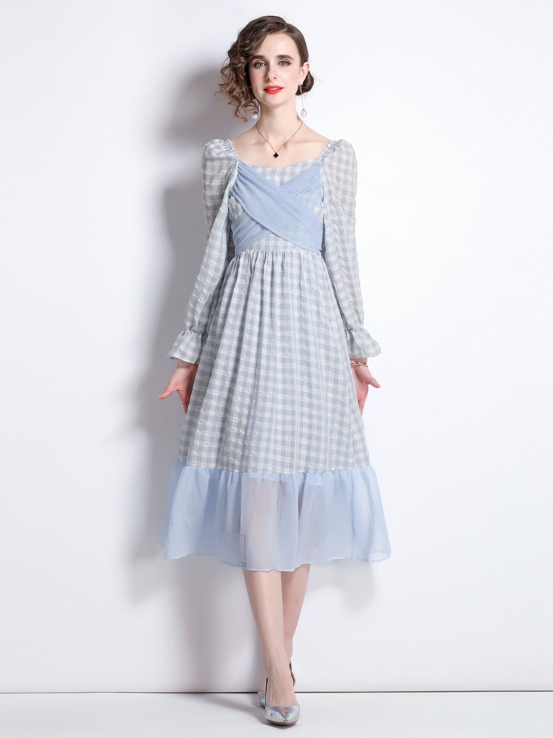

JC Collection Square Neck Checked Midi Dress, Blue