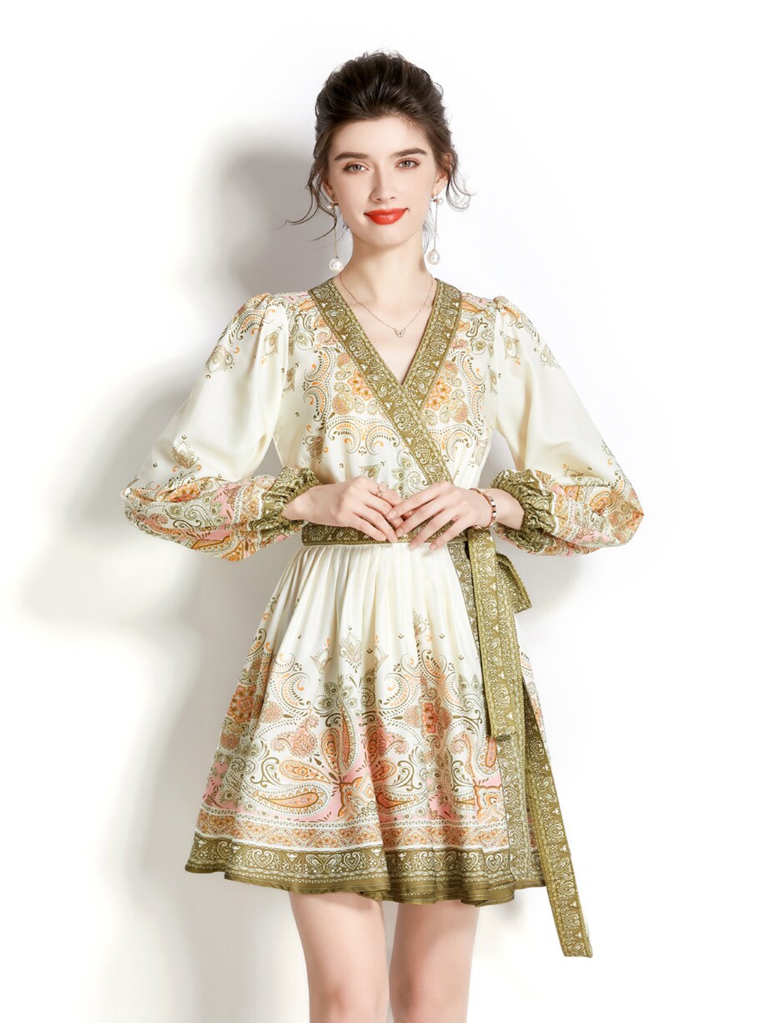 

JC Collection V-Neck Ethnic Motifs Printed Dress, Green