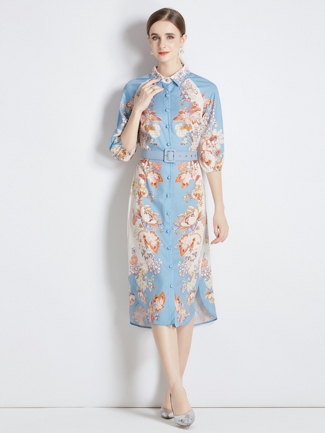 

JC Collection Shirt Collar Floral Printed Shirt Midi Dress, Blue