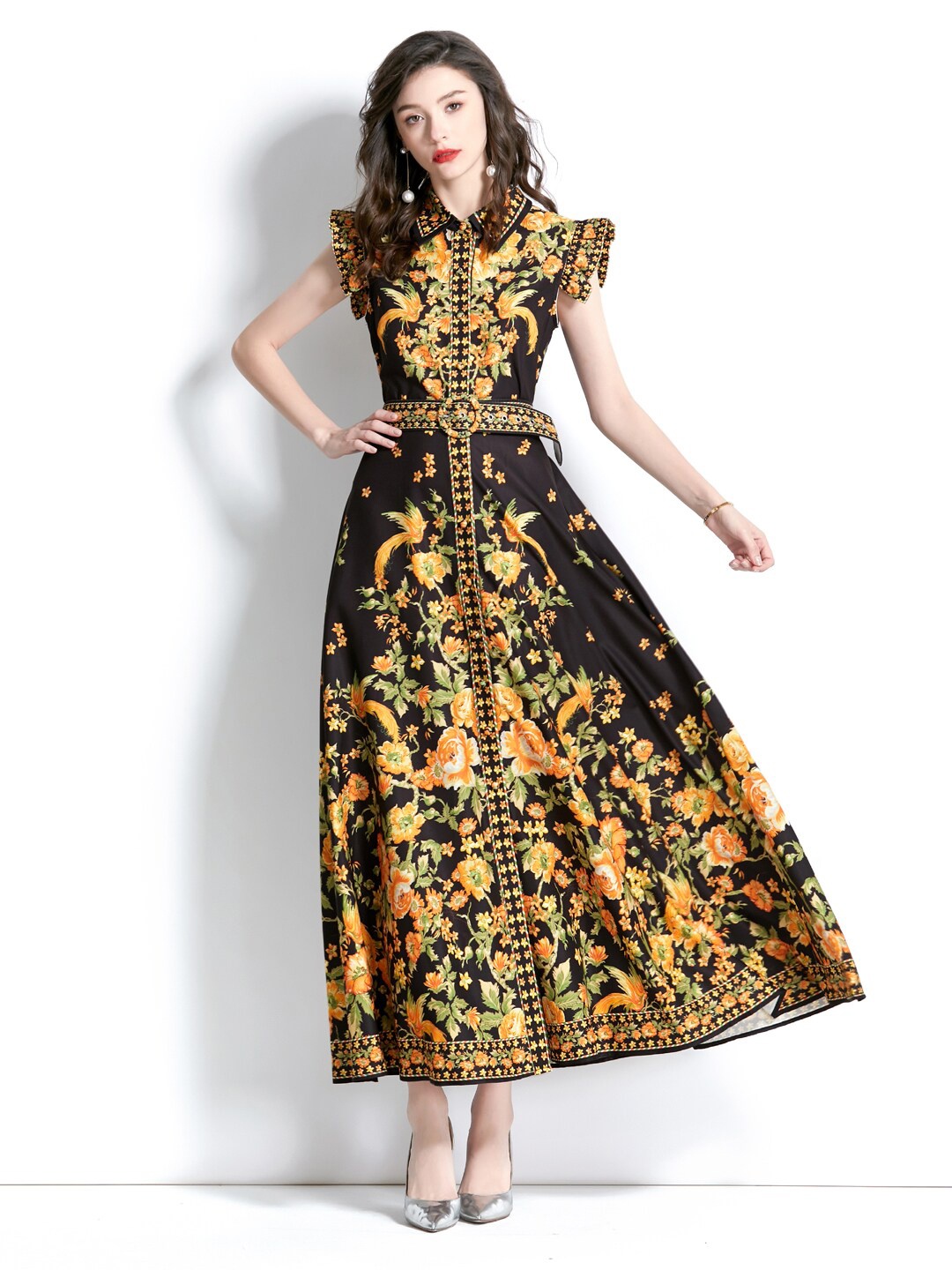 

JC Collection Flutter Sleeves Floral Printed Dress, Black