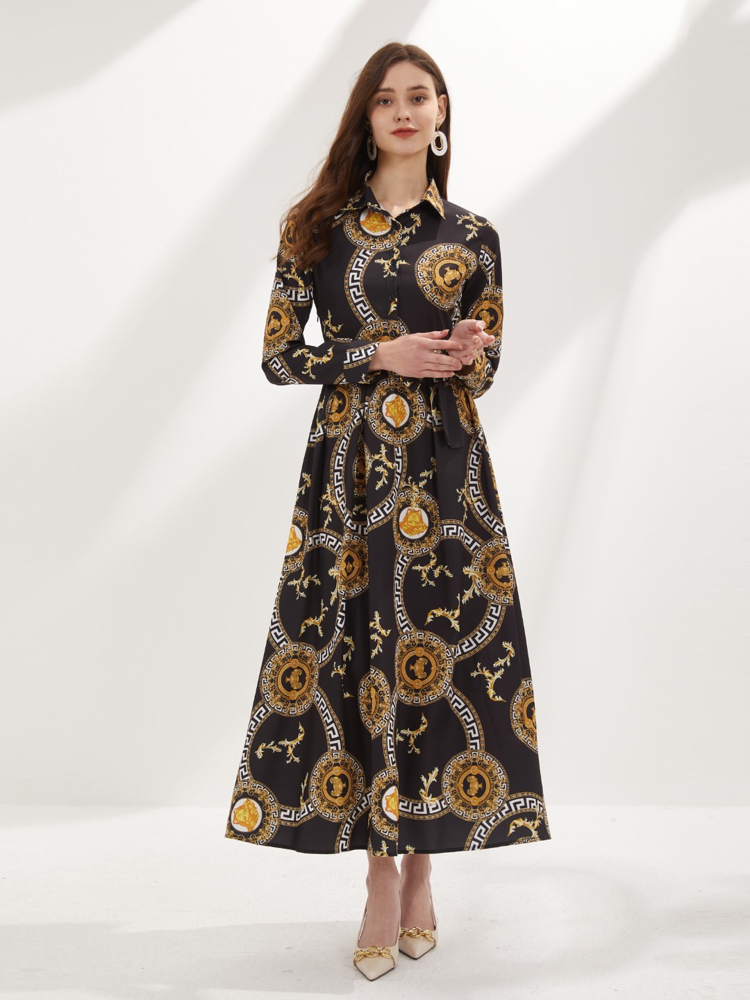 

JC Collection Shirt Collar Graphic Printed Dress, Black