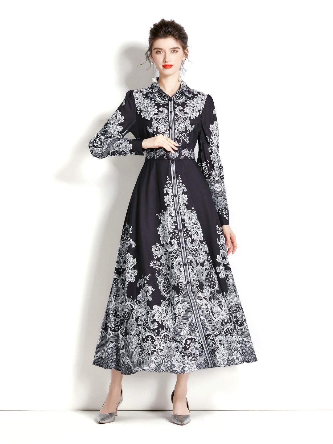 

JC Collection Shirt Collar Ethnic Motifs Printed Maxi Dress, Black