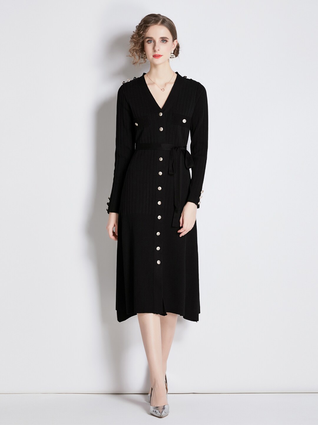 

JC Collection V-Neck Long Sleeves Dress, Black