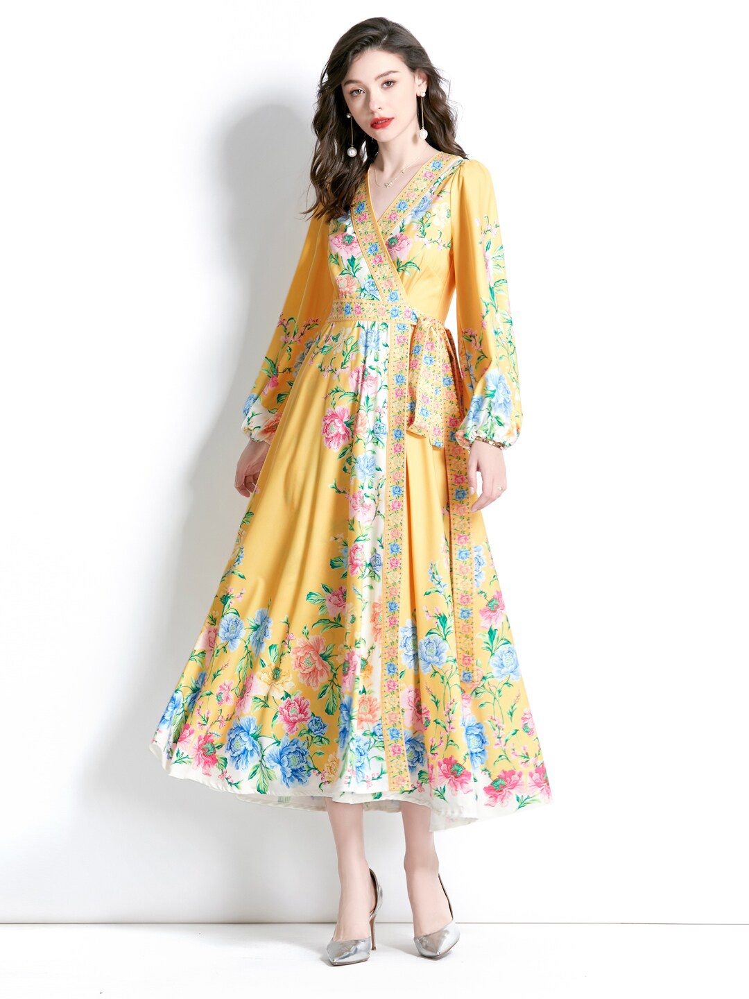 

JC Collection V-Neck Floral Printed Maxi Dress, Yellow